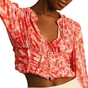 Anthropologie Femme Ruched Cropped Top L Floral Ruffle Blouse Festival Romantic